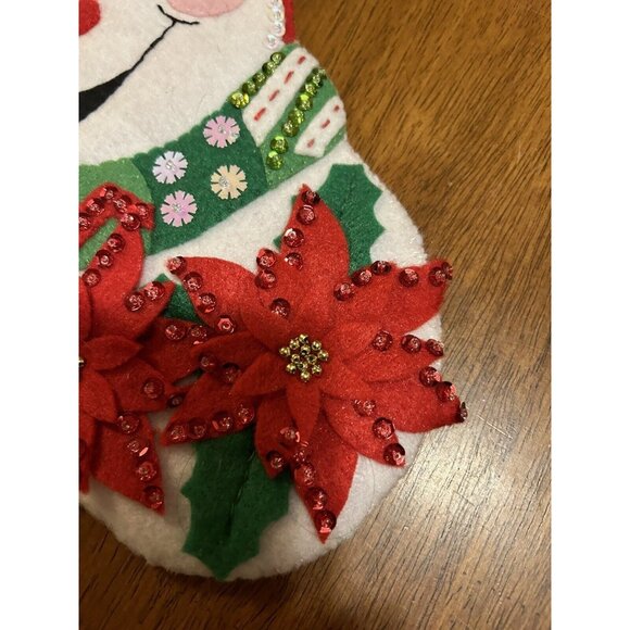 DesignWorks Crafts Felt Christmas Stocking Handcrafted "Pointsettia Snowman" 18" - Picture 5 of 9